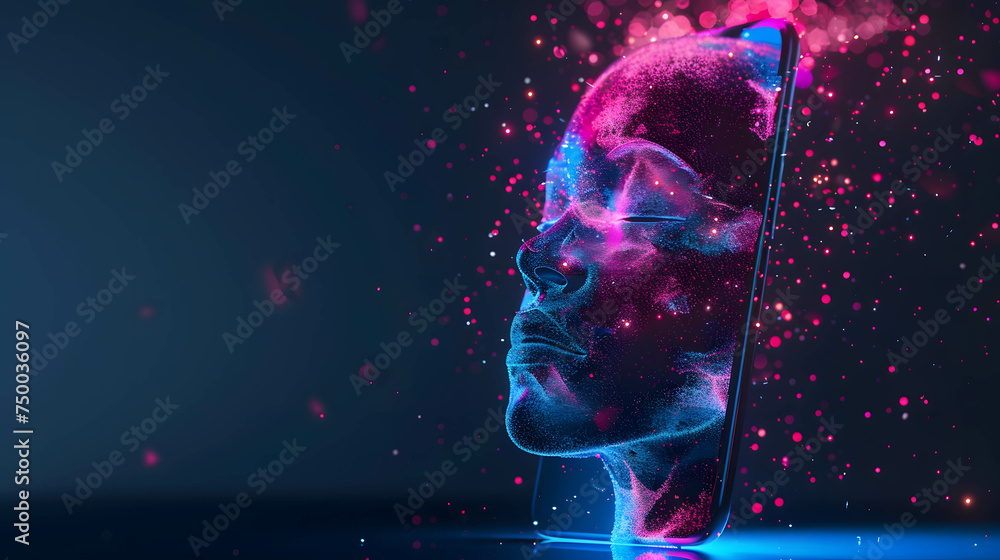 AI technology or artificial intelligence that has become a part of human life. Accessing information through smartphones and facial recognition or human imitation - obrazy, fototapety, plakaty 