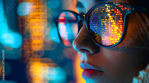 Data reflecting on eyeglasses on woman's face. Computrer programmer big data and ux designer concept photo