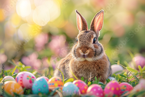 Cute and fluffy easter bunny and colorful easter eggs background