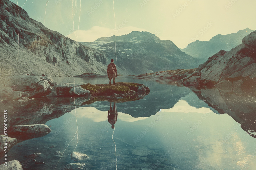 Fototapeta premium Contemplative Adventure in Alpine Wilderness, Film Aesthetic