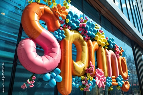 pink, orange, yellow Inflated, three-dimensional letters in the form of word SPRING. Seasonal holiday, inspiring phrases concept.