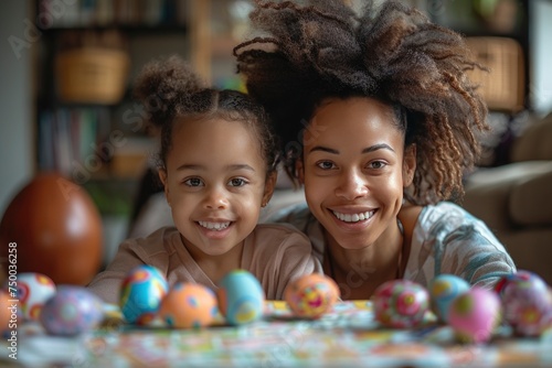 black family from mother and daughter against the background of colored eggs. happy easter concept. homemade  seasonal  religious holiday style