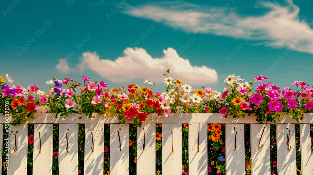 Landscape of flowers along a white wooden fence and countryside. Landscape of flowers along a white wooden fence and countryside.