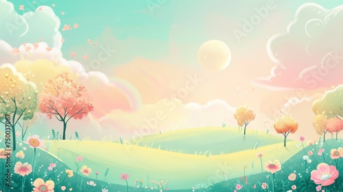 Dreamy landscape with radiant sun  fluffy clouds  and colorful trees