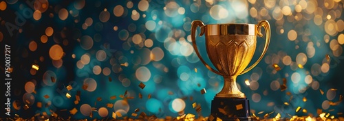 golden winner trophy cup on blue bokeh background 