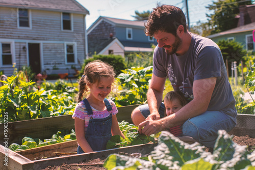 Father teaches daughter to grow vegetables in rural summer.