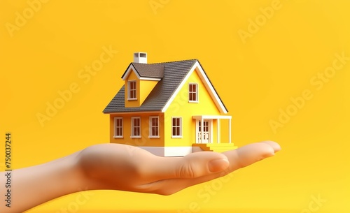 Hand Holding Small Yellow House on Yellow Background