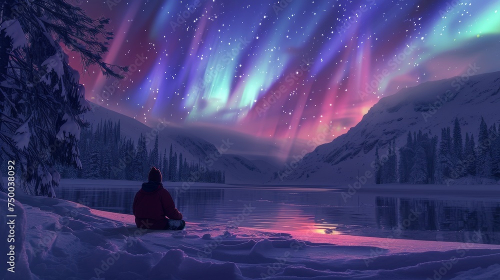 A lone observer sits by a frozen lake, enveloped by the stunning spectacle of the Northern Lights in a pristine snowy landscape.