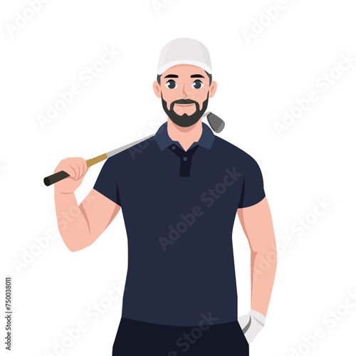 Young man with beard playing golf holding club wearing golfer hat. Flat vector illustration isolated on white background