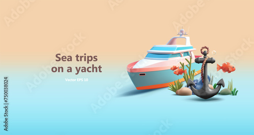 3d yacht illustration with metal anchor and sea corals with fish, render style cartoon composition