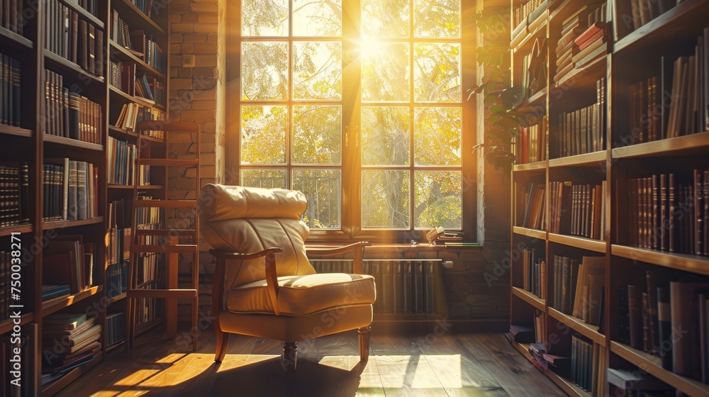 A comfortable leather armchair sits in a cozy reading nook, surrounded by towering bookshelves bathed in the warm sunlight filtering through a large window.