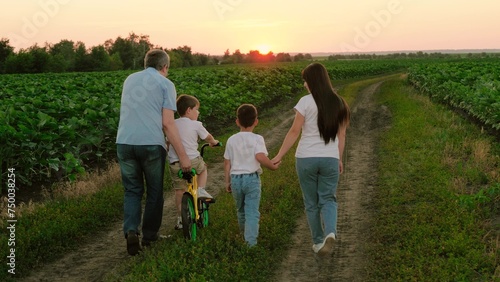 Parents spend time with children teaching riding bicycle on plantation against sunset. Children have weekends with parents taking bicycle. Parents enjoys parenthood instructing children riding bicycle