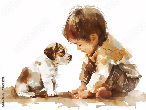 Watercolor Drawing of Cute Dog Puppy and Kid Colorful Illustration isolated on white background HD Print 4928x3712 pixels Neo Art V5 42 photo