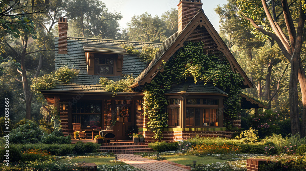 A charming exterior of a craftsman home, with ivy climbing the brick chimney, and a wooden rocking chair sitting on the porch.