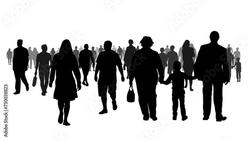 Society, silhouette of group of moving people at the street. Vector illustration