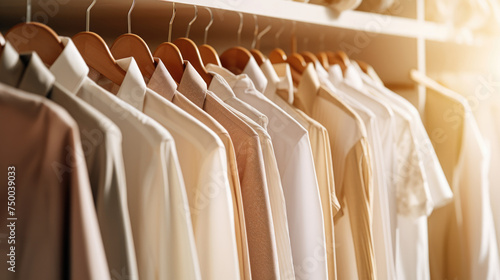 Assortment of shirts and blouses in neutral tones hangs on hangers in closet