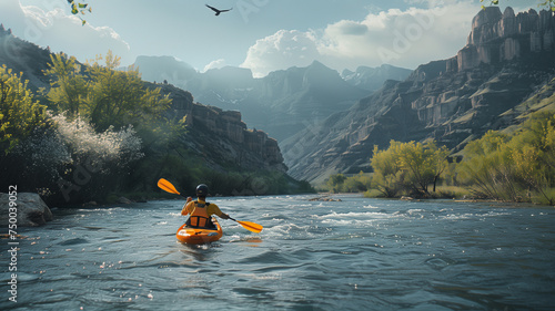 An athlete in a kayak rafting down a mountain river in beautiful nature © Maxim Sokolov
