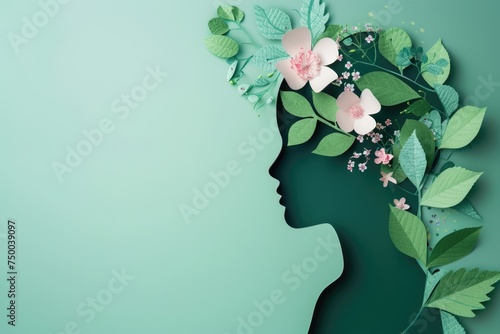 World mental health awareness day. Paper cut out woman head and flowers © Iryna