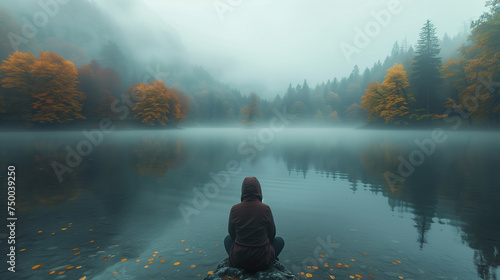 Back view of person sitting alone on a rock at foggy autumn lake. Digital detox, personal time. Photo.