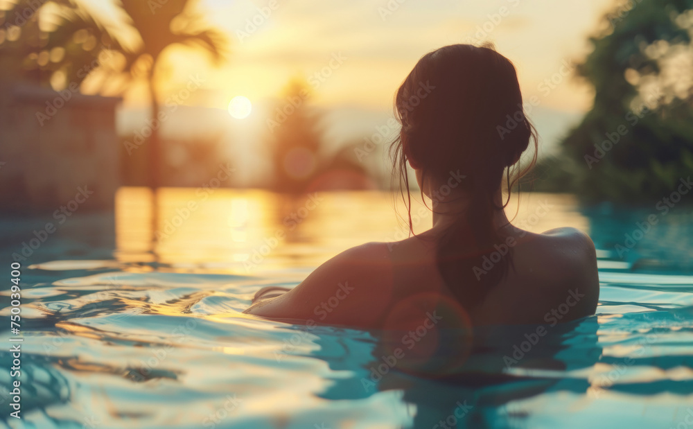 Woman feels alive and connected to nature standing in luxurious pool at sunrise. Young female rests in water reflecting colors of dawn. Woman feels alive and connected to nature standing in luxurious pool at sunrise. Young female rests in water reflecting colors of dawn.