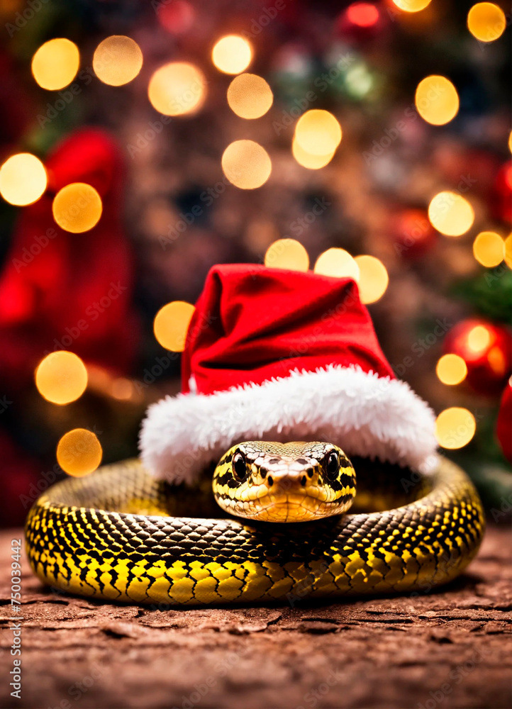 snake in santa's hat year of the snake. Selective focus. snake in santa's hat year of the snake. Selective focus.