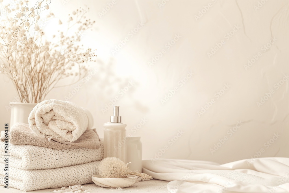 Bathroom area with towels and body care cosmetics. Atmosphere of relaxation and self-care in spa space. Rejuvenation and grooming rituals - obrazy, fototapety, plakaty 