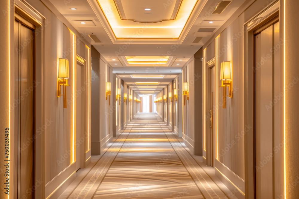 Every detail of corridor chosen to enhance contemporary aesthetic. Hallway feels spacious and airy inviting guests to traverse length with grace
