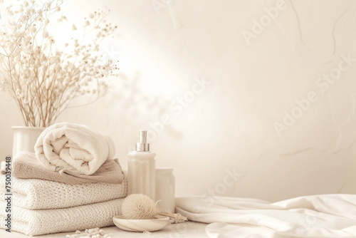 Bathroom area with towels and body care cosmetics. Atmosphere of relaxation and self-care in spa space. Rejuvenation and grooming rituals