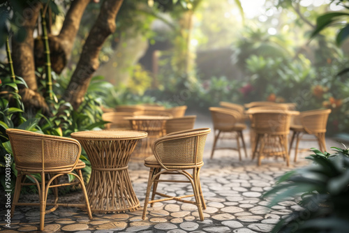 Restaurant terrace with Rattan furniture provides serene escape among beauty of nature. Place encircled by lush greenery and bathed in natural light for guests