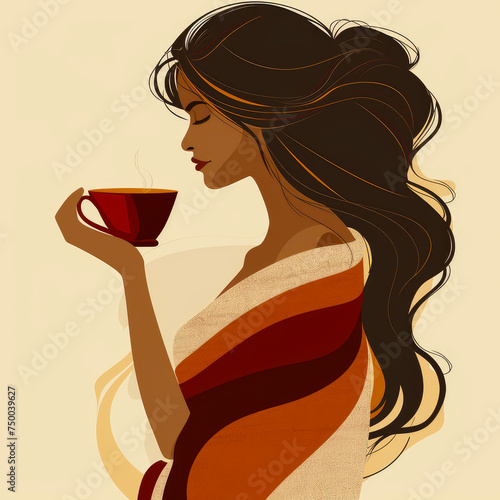 Flat Illustration of silhouette of girl dressed in sari drinking coffee in cup