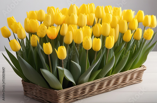 A lot of tulips in a basket on a light wooden background.