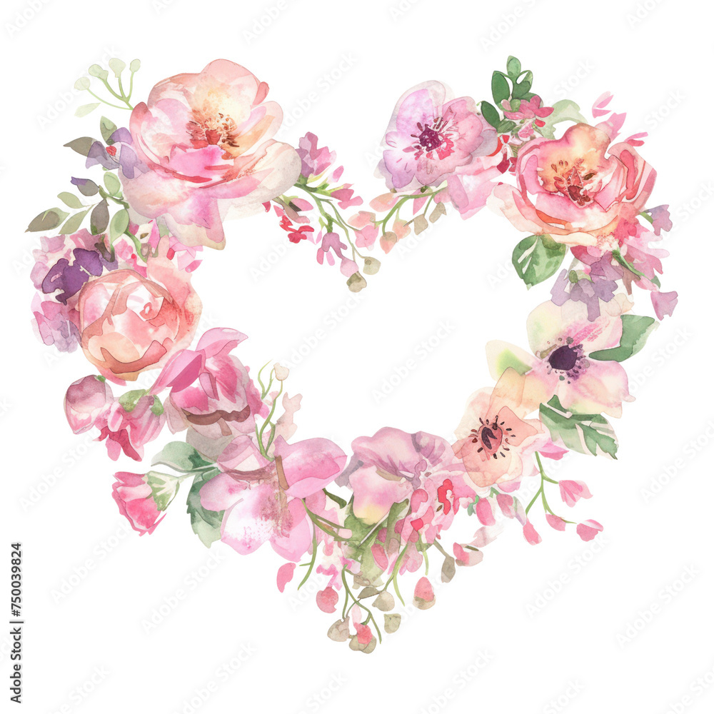 1Watercolor floral wreath in heart shape. Summer meadow wild flowers. invitation, banner, wall art.