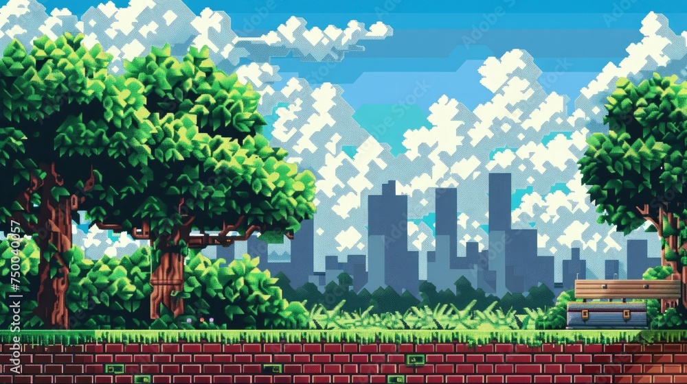 Pixel art landscape with city and trees