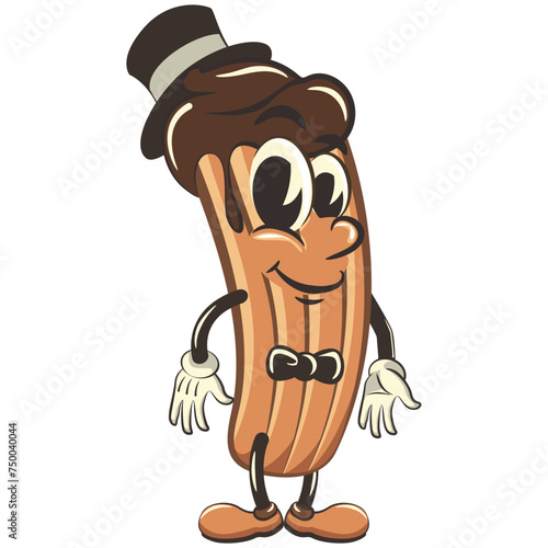 churro cartoon vector isolated clip art illustration mascot in a hat and bow tie, work of handmade