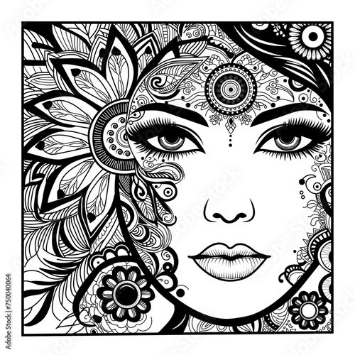 Vector illustration of a woman's face with mandala decorations on a white separate background