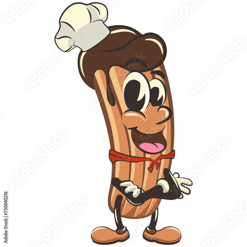 churro cartoon vector isolated clip art illustration mascot wearing a chef's hat and wearing a red scarf, work of handmade