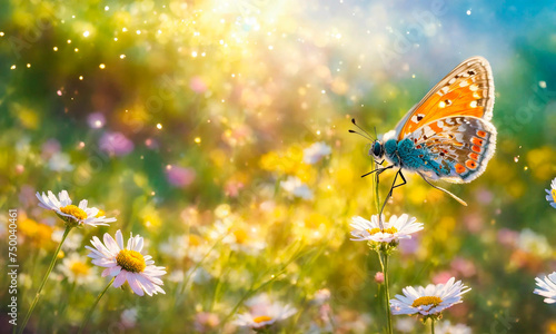 butterflies on chamomile flowers. Selective focus.