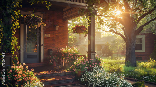 A cozy suburban house with a covered porch, adorned with hanging flower baskets and classic craftsman details, bathed in the morning sunlight. photo