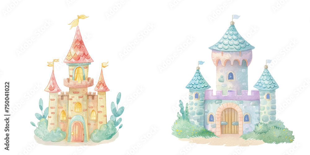 cute castle watercolour vector illustration 