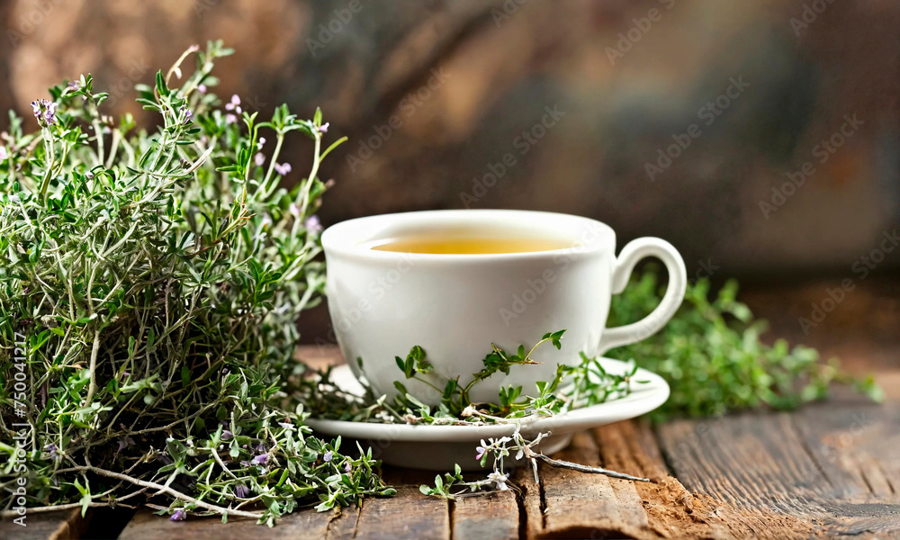tea with thyme in a cup. Selective focus. - obrazy, fototapety, plakaty 