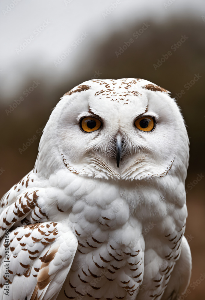 Obraz premium A white owl in the thicket of the forest looks with interest
