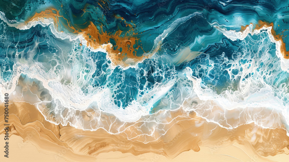 High-angle view of a beach with waves gently rolling onto the shore, revealing a stretch of golden sand under a clear sky High-angle view of a beach with waves gently rolling onto the shore, revealing a stretch of golden sand under a clear sky