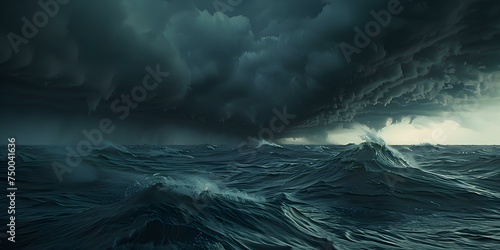 Ominous Atmosphere and Danger Evoked by Menacing Storm Clouds over Choppy Ocean. Concept Storm Photography, Menacing Clouds, Ocean Danger, Ominous Atmosphere