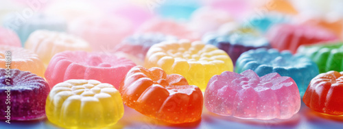 Colorful Translucent Gelatin chewable gummy supplements Background, copy space photo