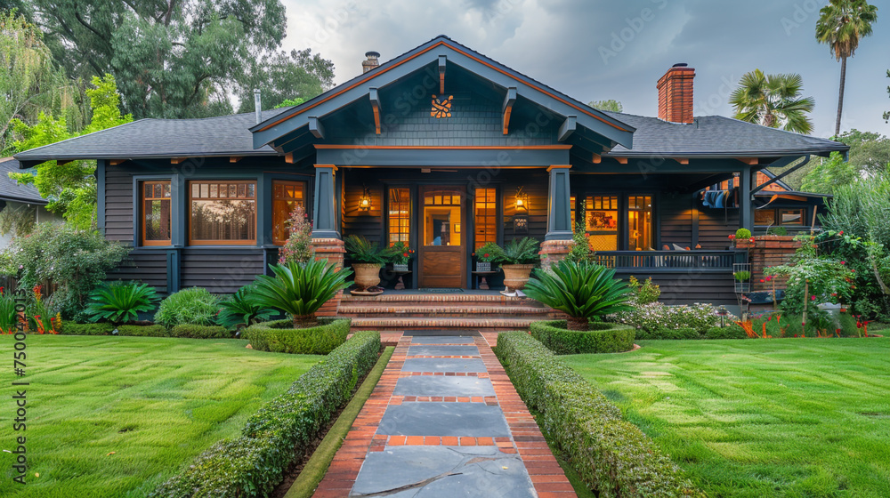 A craftsman-style home with a well-maintained front lawn, its exterior showcasing the beauty of simplicity and attention to detail in suburban architecture.