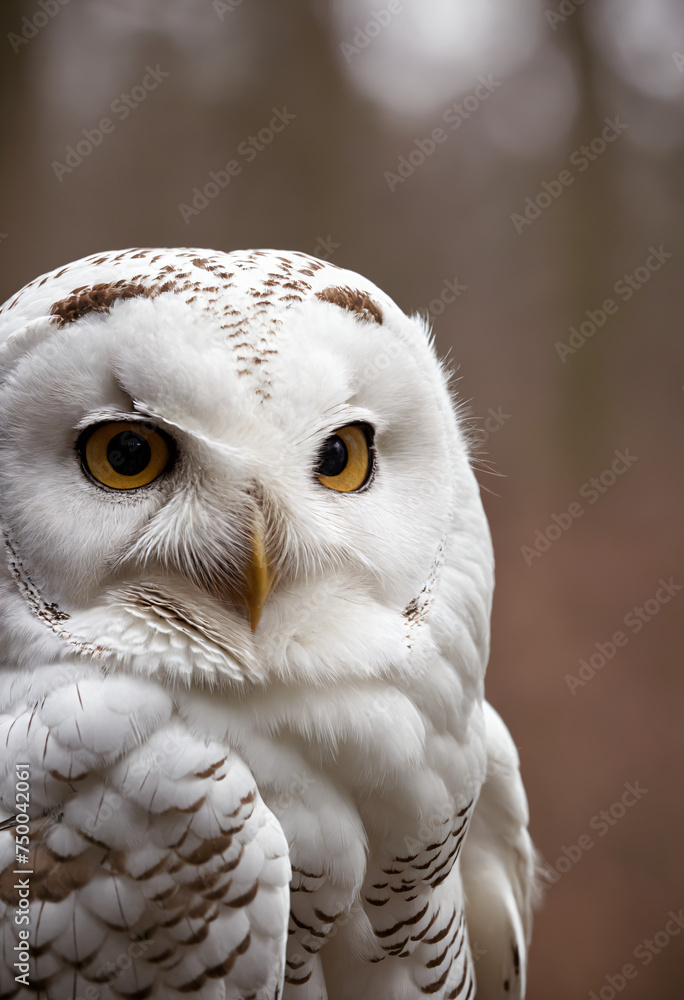 Obraz premium A white owl in the thicket of the forest looks with interest