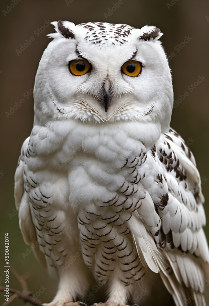 Obraz premium A white owl in the thicket of the forest looks with interest