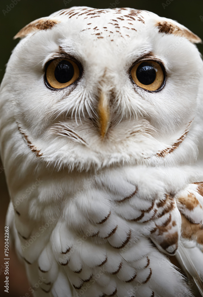 Obraz premium A white owl in the thicket of the forest looks with interest