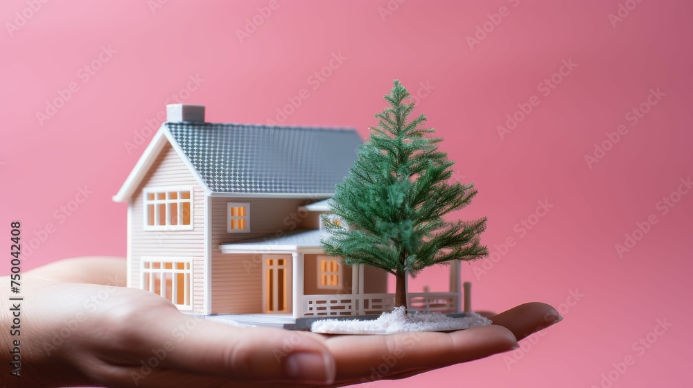 Person Holding Small House With Tree on Top