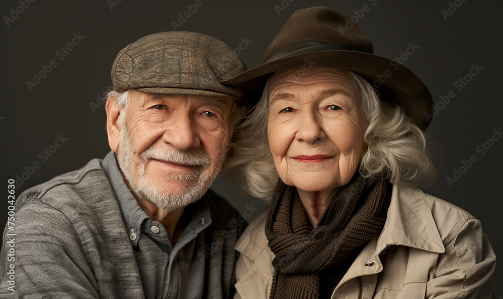 Studio portrait of a happy and serene 75-year-old couple, dressed in modern and stylish clothing with neutral colors.